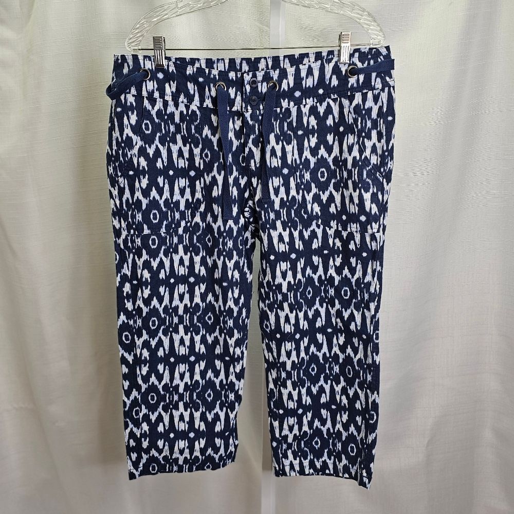 Freedom Trail by Kyodan Blue Geometric Linen Blend Capri Pants Size Large